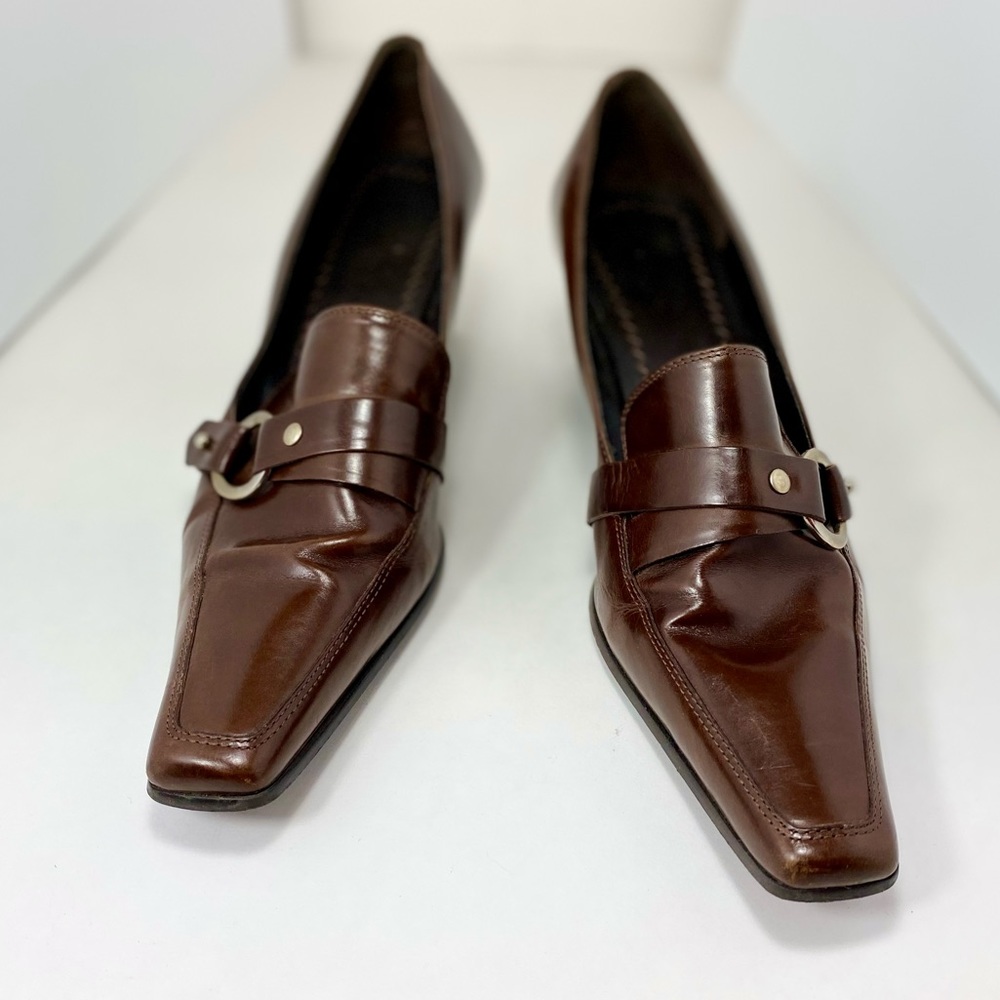 Enzo Angiolini Women’s Dark Brown Leather Square Toe High Heel Classic Loafer 8M